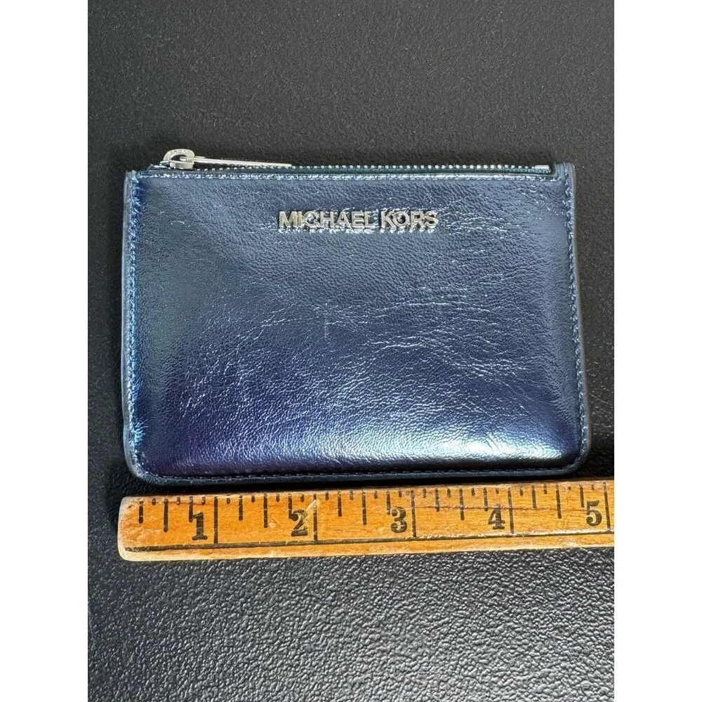 Michael Kors Jet Set Blue Metallic Leather Card Holder Zipper Pouch‎ Key Ring